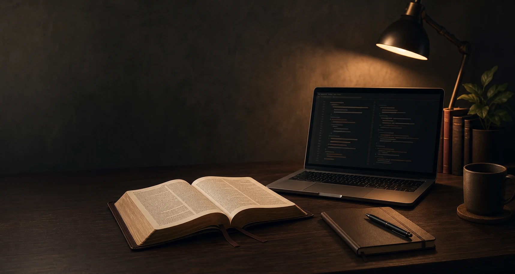 Biblia abierta junto a una computadora portátil en un escritorio de programación